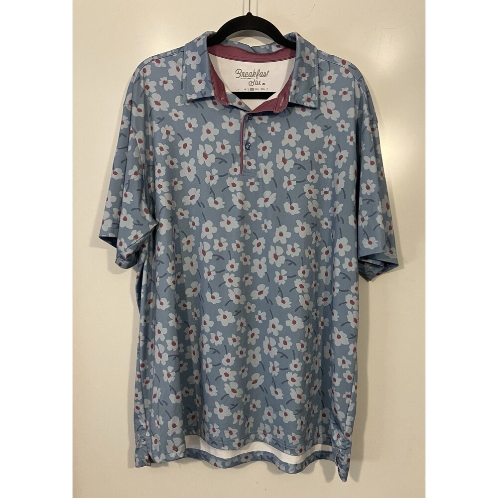 Breakfast Balls Men’s Golf Polo Blue Floral Pattern Sz XL